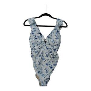 A PEA IN THE POD Maternity One Piece Swimsuit Small Blue Floral NEW Ruffle Beach